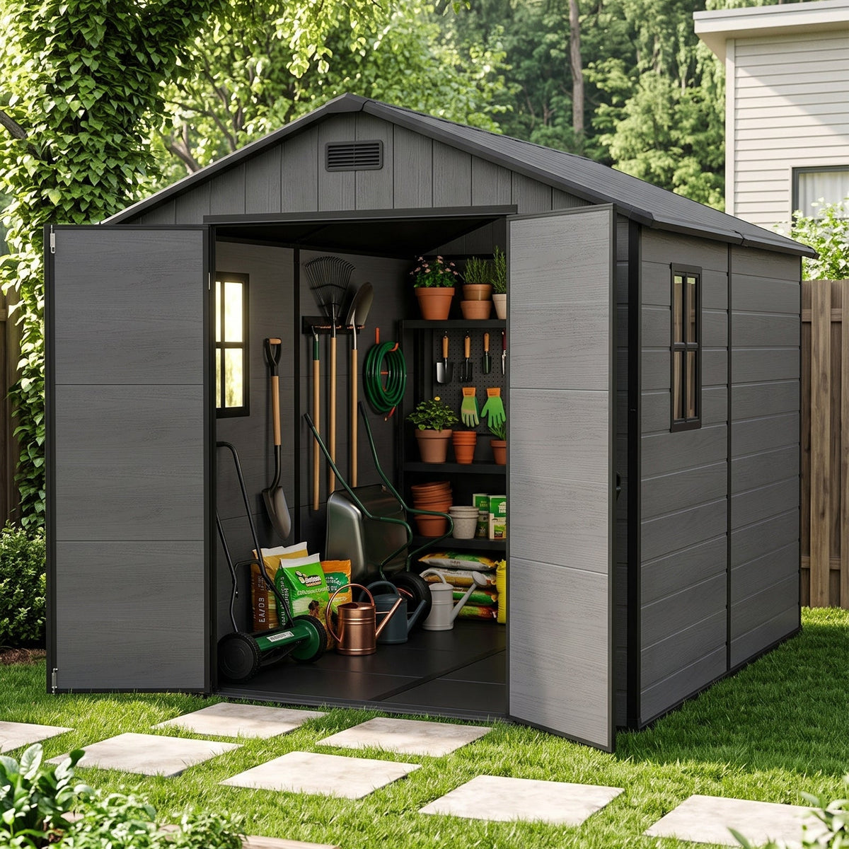 8 x 8 ft Plastic Garden Storage Shed with Apex Roof & Lockable Double Doors