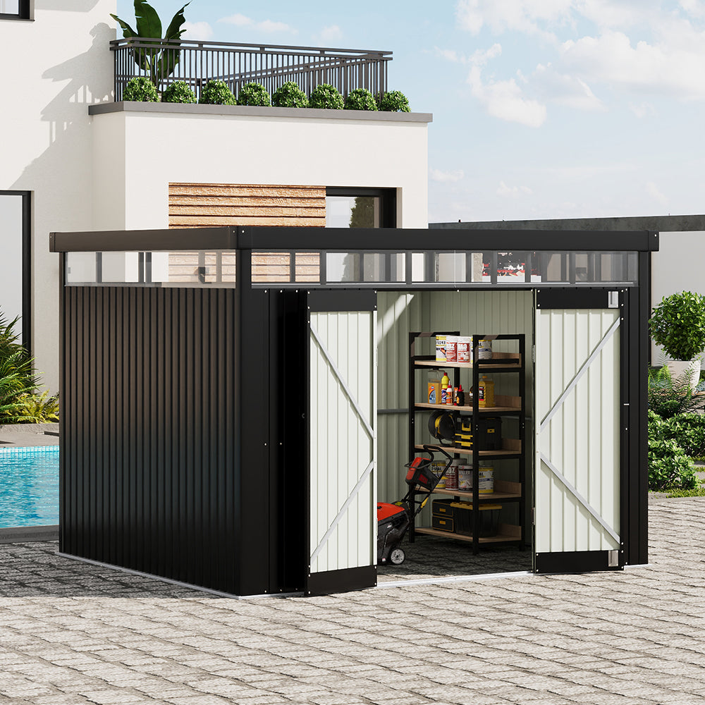 10 x 8 ft Metal Garden Storage Shed with Flat Roof & Double Doors