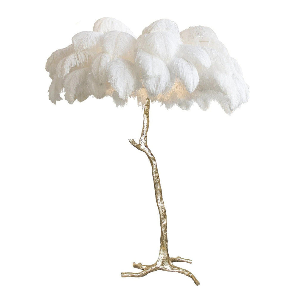 Luxury DEMOLIGHTS ostrich feather brass floor lamp with a tall, elegant design and feathered lampshade standing on a sleek base