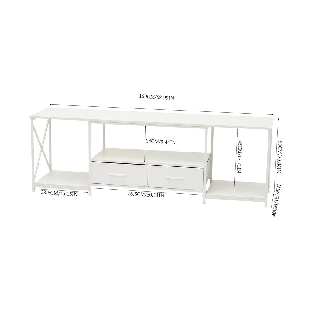 160cm White TV Stand with 2 Fabric Drawers & Open Shelves