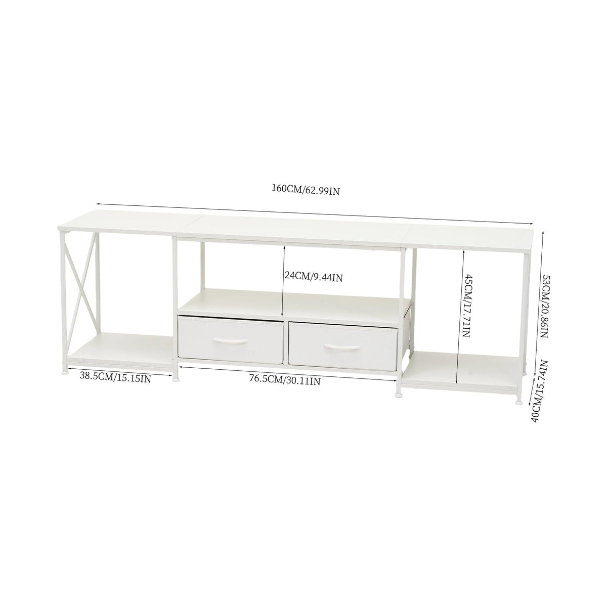 160cm White TV Stand with 2 Fabric Drawers & Open Shelves