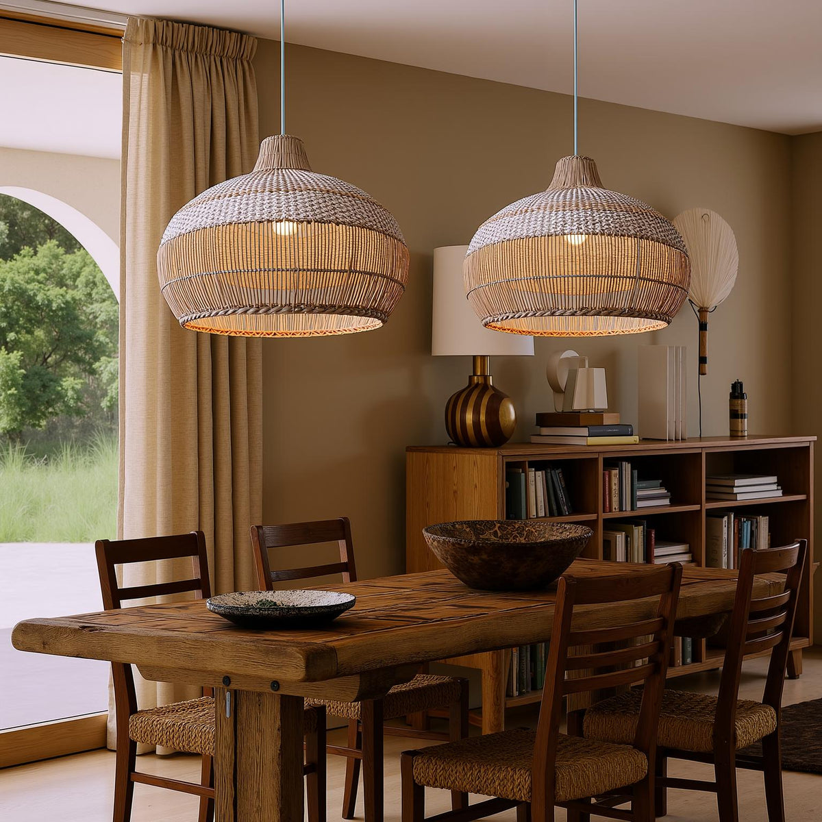 Handwoven rattan pendant light by DEMOLIGHTS, boho-style ceiling lamp ideal for kitchen island lighting.