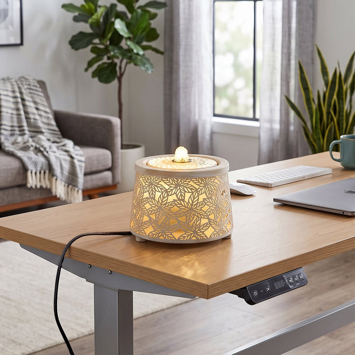 Creative Metal Tabletop Fountain with Warm Light & Leaf Design