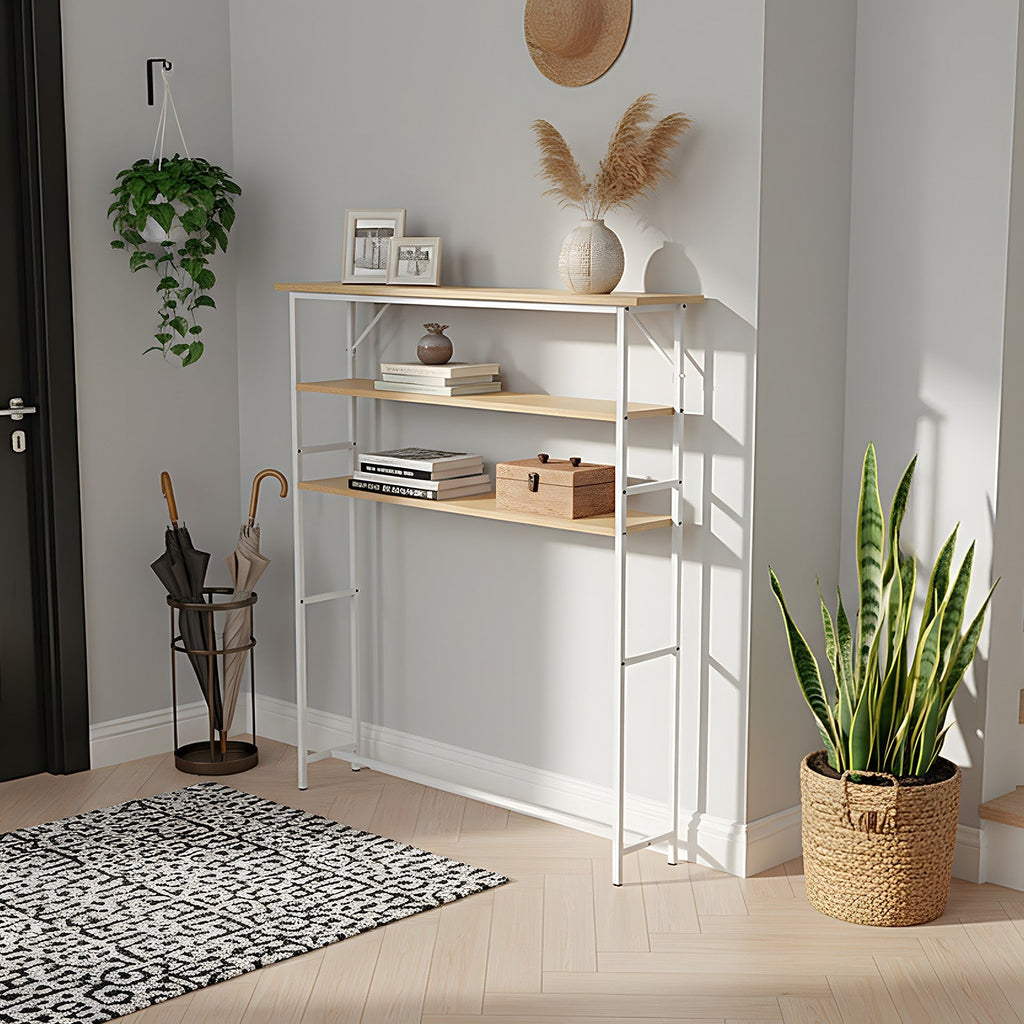Garden Sanctuary 3-Tier Wood-Grain Narrow Console Table rack with sleek design and multiple storage levels.