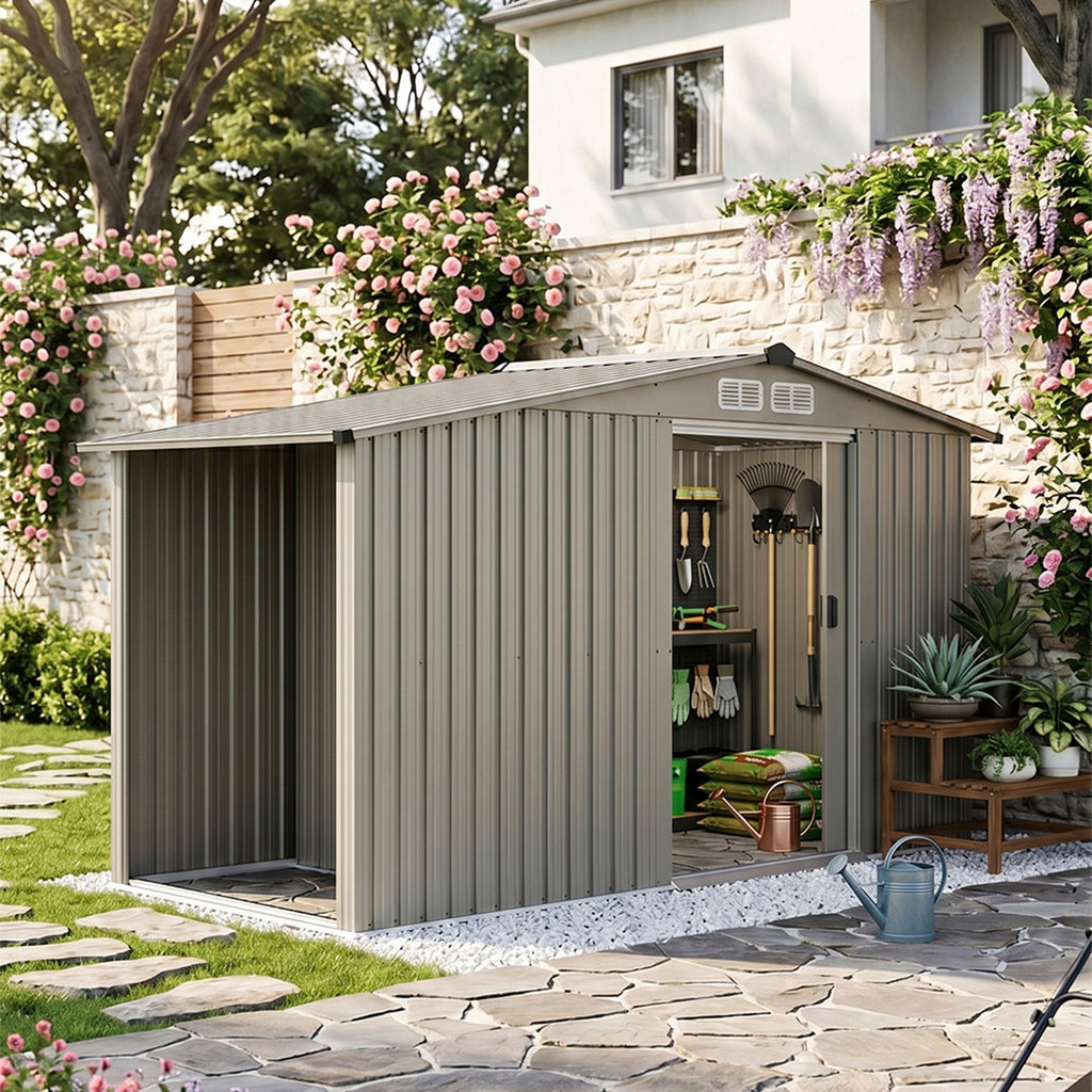 8 x 4 ft Metal Garden Storage Shed with Integrated Log Store & Apex Roof