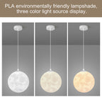 DEMOLIGHTS 3D printed moon pendant light hanging from ceiling, eco-friendly lunar globe chandelier for bedroom decor.