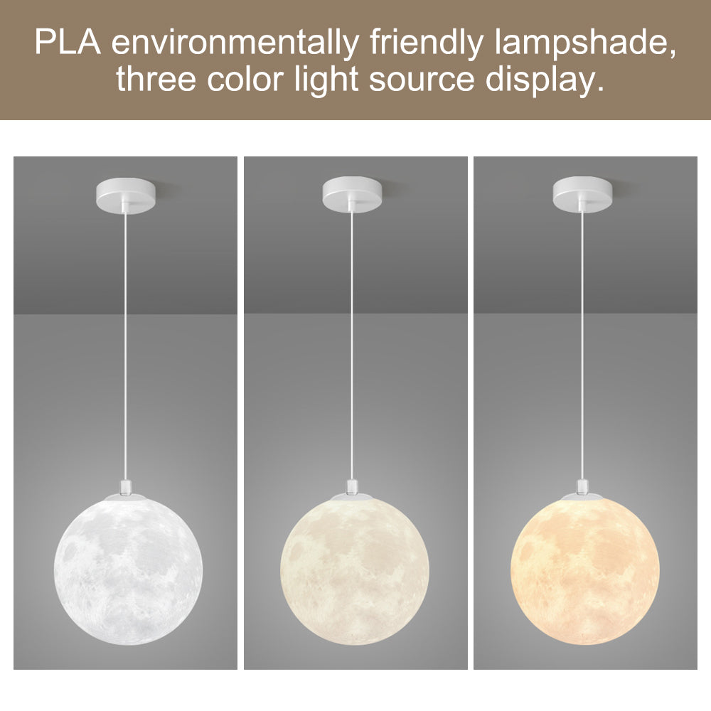DEMOLIGHTS 3D printed moon pendant light hanging from ceiling, eco-friendly lunar globe chandelier for bedroom decor.