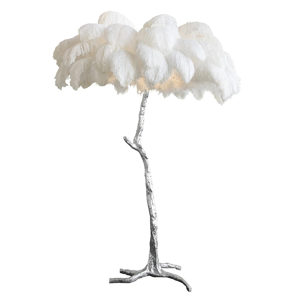 DEMOLIGHTS luxury floor lamp with brass base and ostrich feather shade, elegant lighting fixture for modern home decor