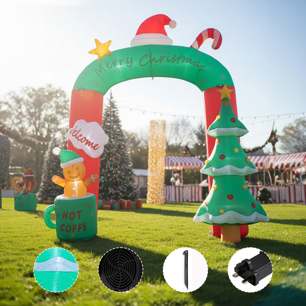 Garden Sanctuary 9FT Christmas blow-up archway inflatable decoration set up outdoors for holiday celebrations.