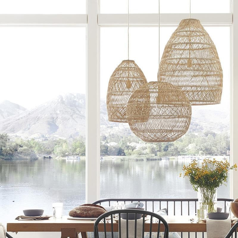 Rattan woven basket pendant lamp shade by DEMOLIGHTS, featuring a natural lantern chandelier design for warm ambient lighting.