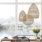 Rattan woven basket pendant lamp shade by DEMOLIGHTS, featuring a natural lantern chandelier design for warm ambient lighting.