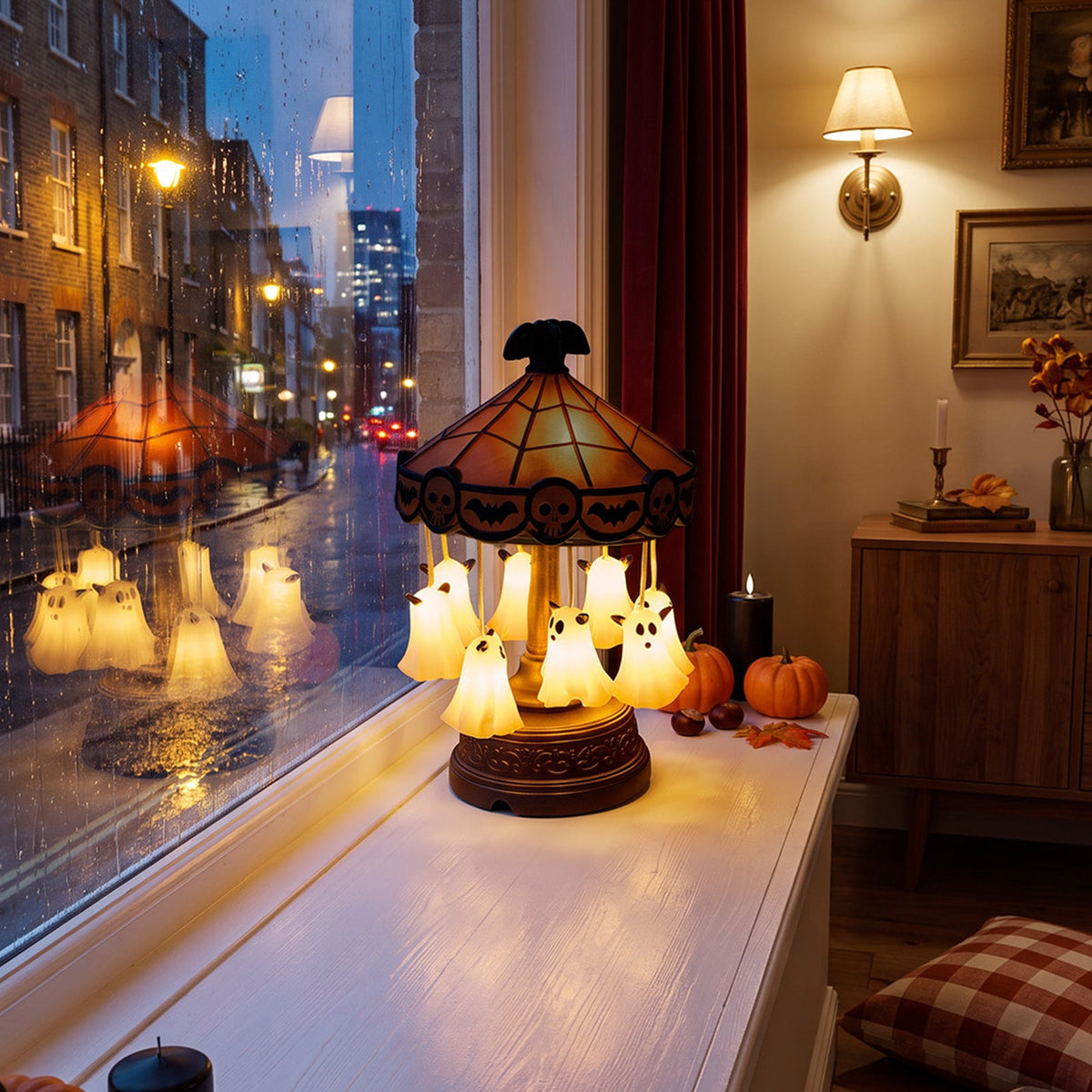 Garden Sanctuary Halloween table lamp with spooky jack-o'-lantern face, LED light, and decorative Halloween-themed design.