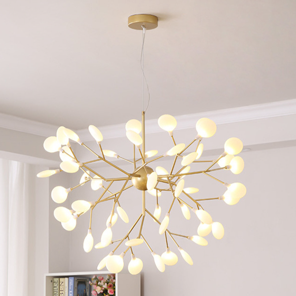 Modern DEMOLIGHTS Firefly LED chandelier with Nordic leaf branch design, featuring multiple LED lights and a sleek, artistic pendant style.