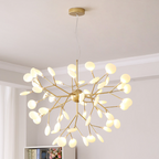 Modern DEMOLIGHTS Firefly LED chandelier with Nordic leaf branch design, featuring multiple LED lights and a sleek, artistic pendant style.