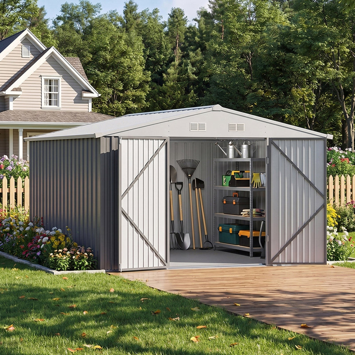 10 ft Wide Metal Garden Storage Shed with Apex Roof