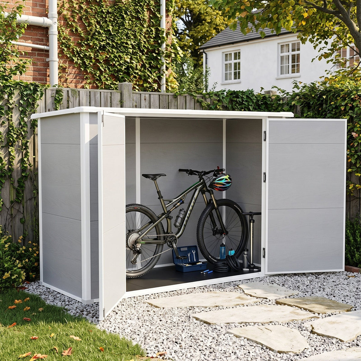 7 x 4 ft Outdoor Plastic Bike Storage Shed with Pent Roof & Double Doors
