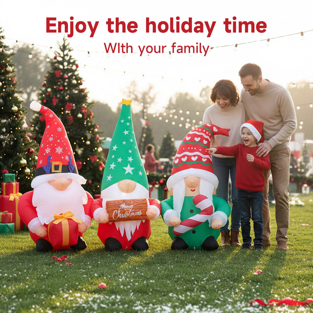 Garden Sanctuary Christmas inflatable gnome trio with LED lights, festive outdoor holiday decoration featuring colorful gnomes.