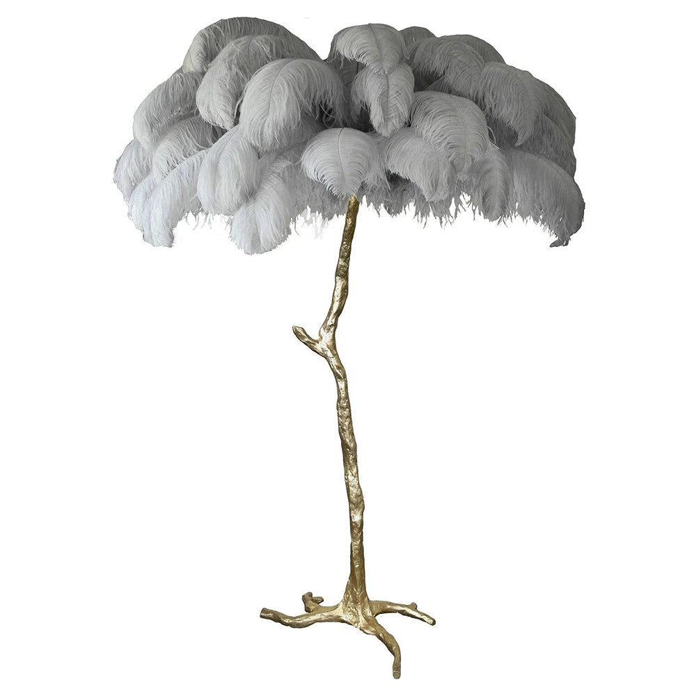 Luxury DEMOLIGHTS ostrich feather brass floor lamp with elegant feather shade and sleek brass base, modern lighting for stylish interiors.