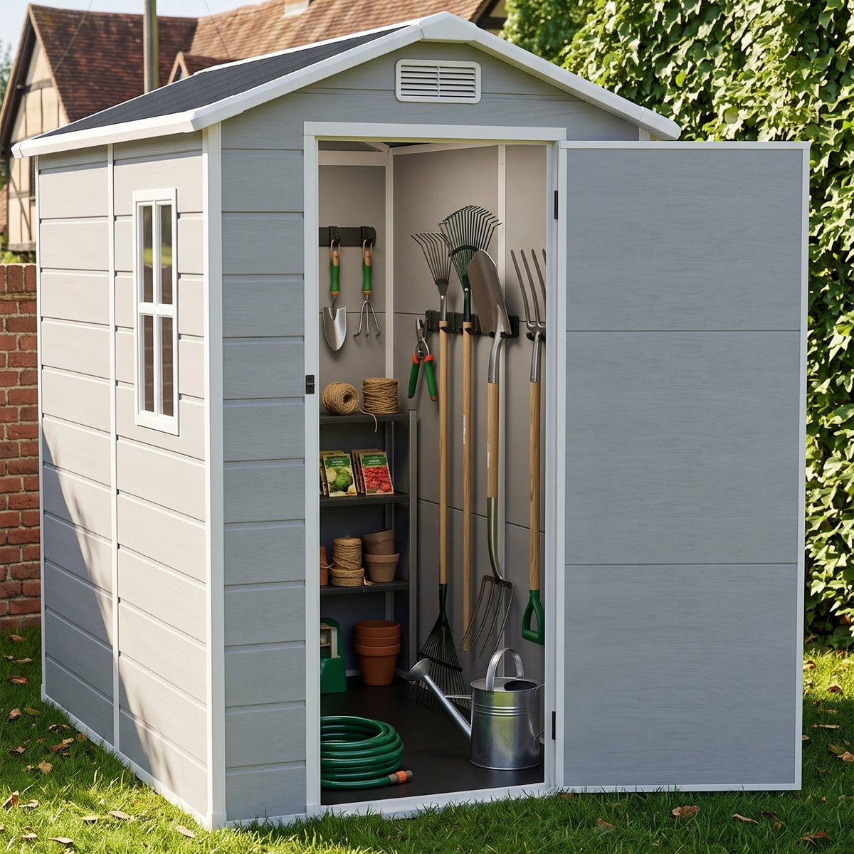 4 x 6 ft Plastic Garden Storage Shed with Apex Roof & Lockable Door
