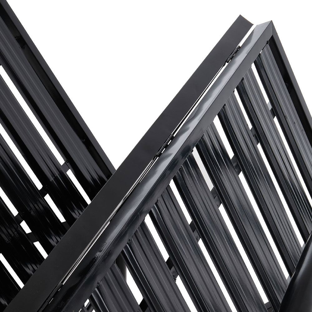 Garden Sanctuary metal folding bed frame with secure buckle design, shown assembled with sturdy metal construction and locking mechanisms.