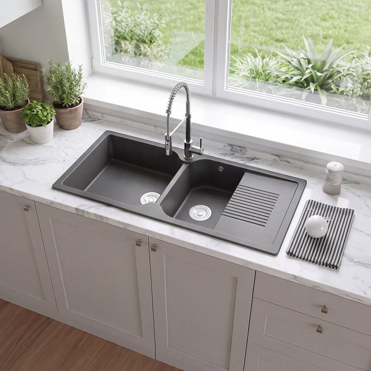 Double Bowl Quartz Resin Composite Kitchen Sink with Waste Kit