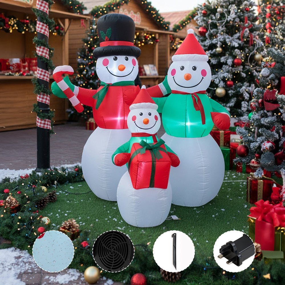 Garden Sanctuary 6ft Christmas inflatable snowman family with LED lights, festive outdoor holiday decoration for winter celebrations.