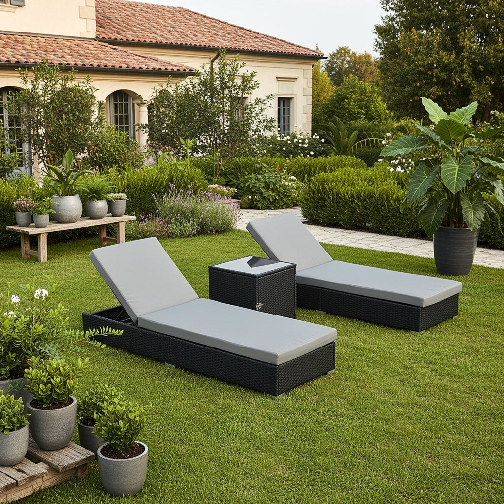 3 Piece Rattan Rattan Sun Lounger with Storage Table