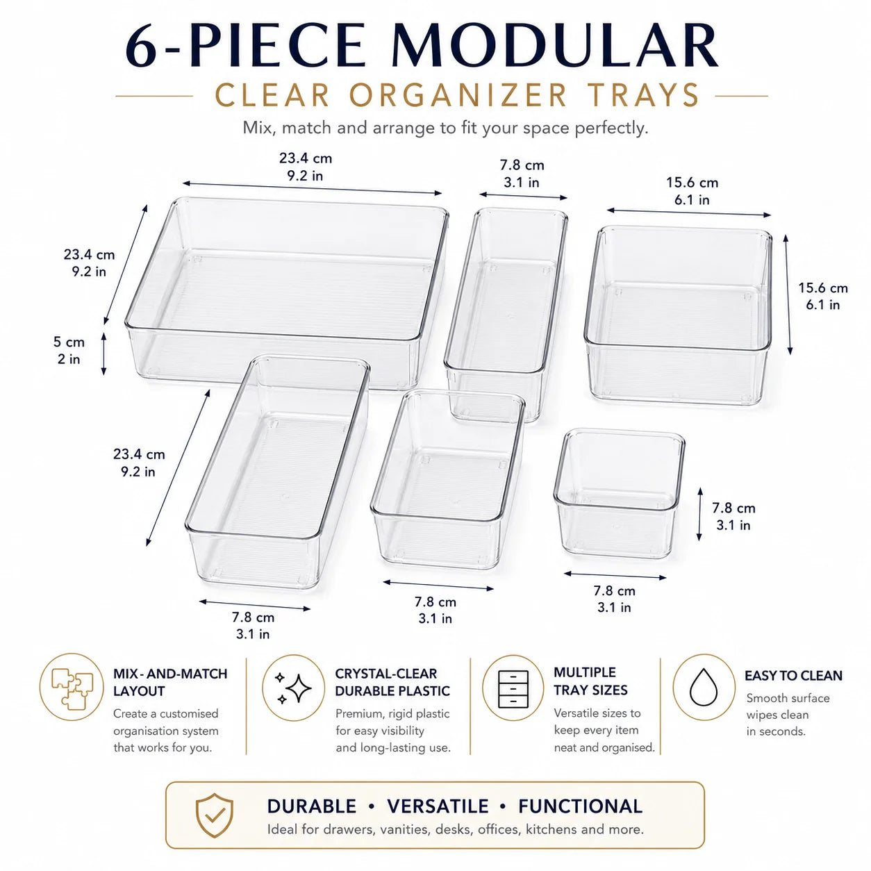 6-Piece Clear Plastic Drawer Organiser Tray Set, Assorted Sizes