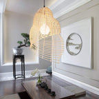 Handmade conch wicker pendant lamp with rattan and bamboo lampshade, stylish DEMOLIGHTS rattan light for modern interiors.