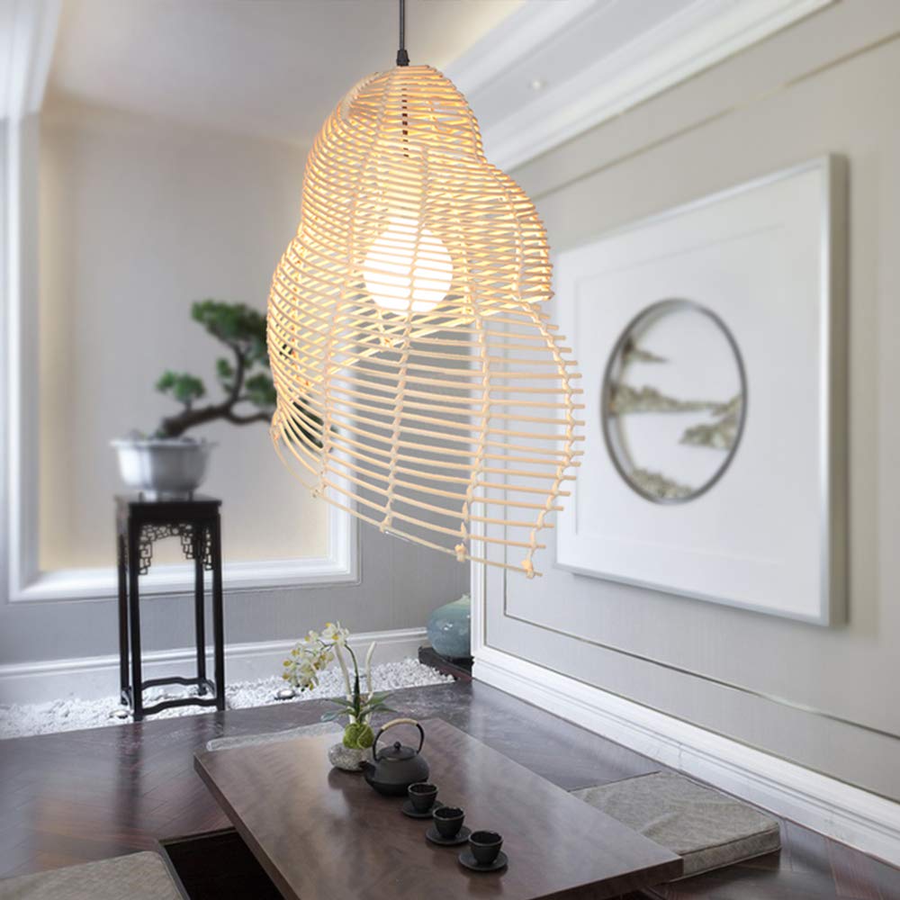 Handmade conch wicker pendant lamp with rattan and bamboo lampshade, stylish DEMOLIGHTS rattan light for modern interiors.