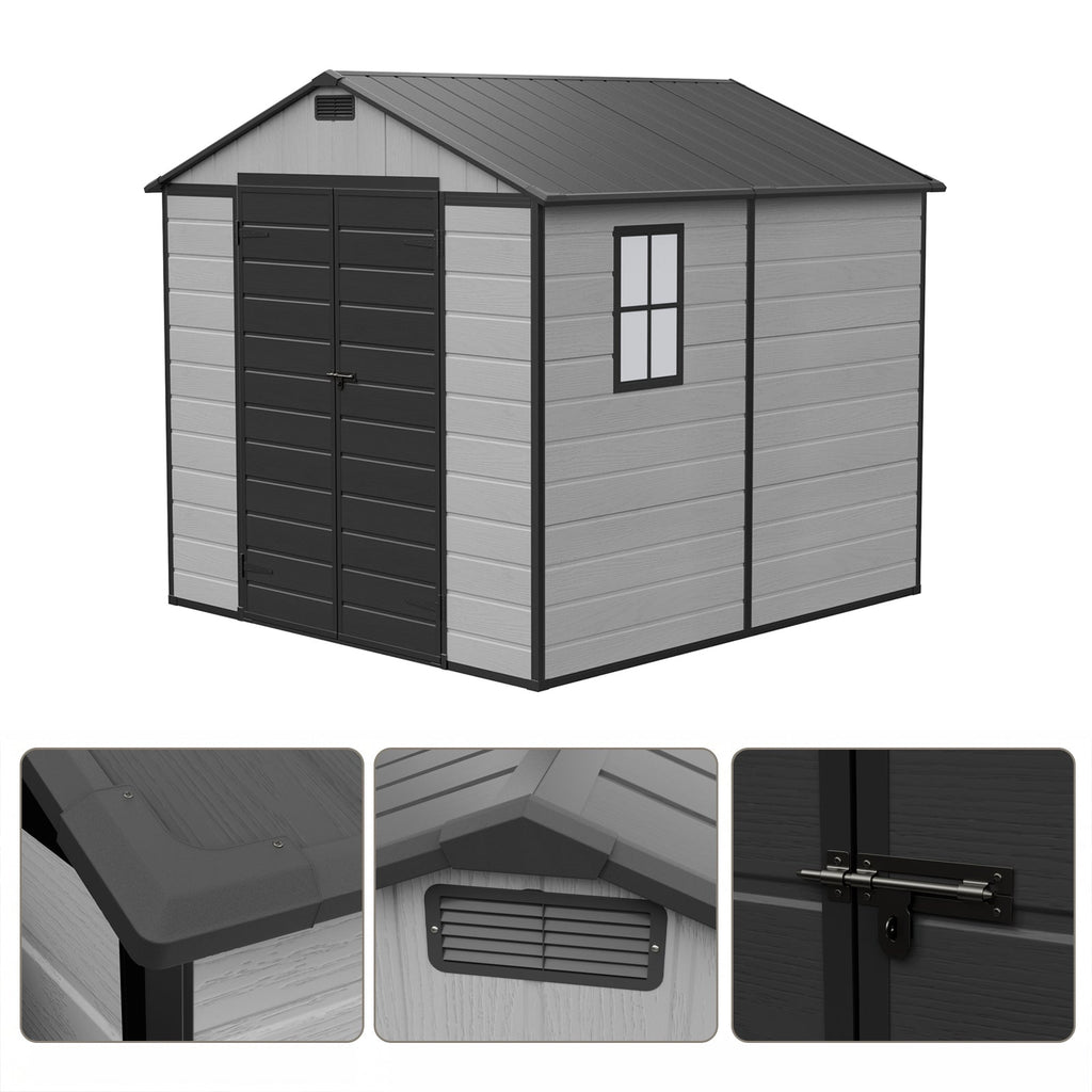 8 x 8 ft Plastic Garden Storage Shed with Apex Roof & Lockable Double Doors