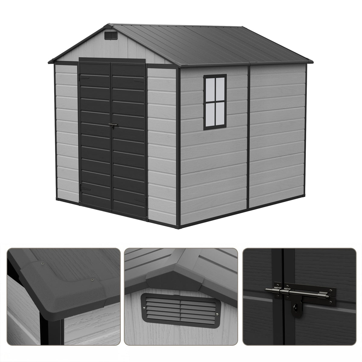 8 x 8 ft Plastic Garden Storage Shed with Apex Roof & Lockable Double Doors