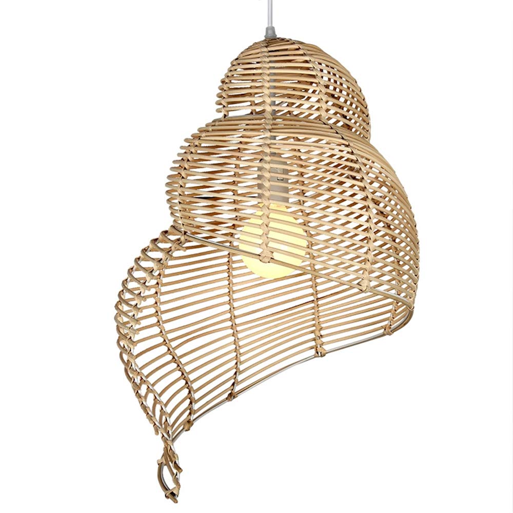 Handmade conch wicker pendant lamp with rattan and bamboo lampshade by DEMOLIGHTS, featuring a natural woven design for warm lighting.