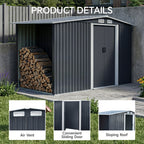 8 x 4 ft Metal Garden Storage Shed with Apex Roof & Integrated Log Store