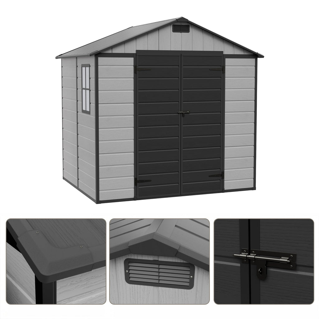 8 x 6 ft Plastic Garden Storage Shed with Apex Roof & Double Doors