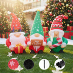 Christmas inflatable gnome trio with LED lights by Garden Sanctuary, showing colorful gnomes decorated for holiday outdoor display.