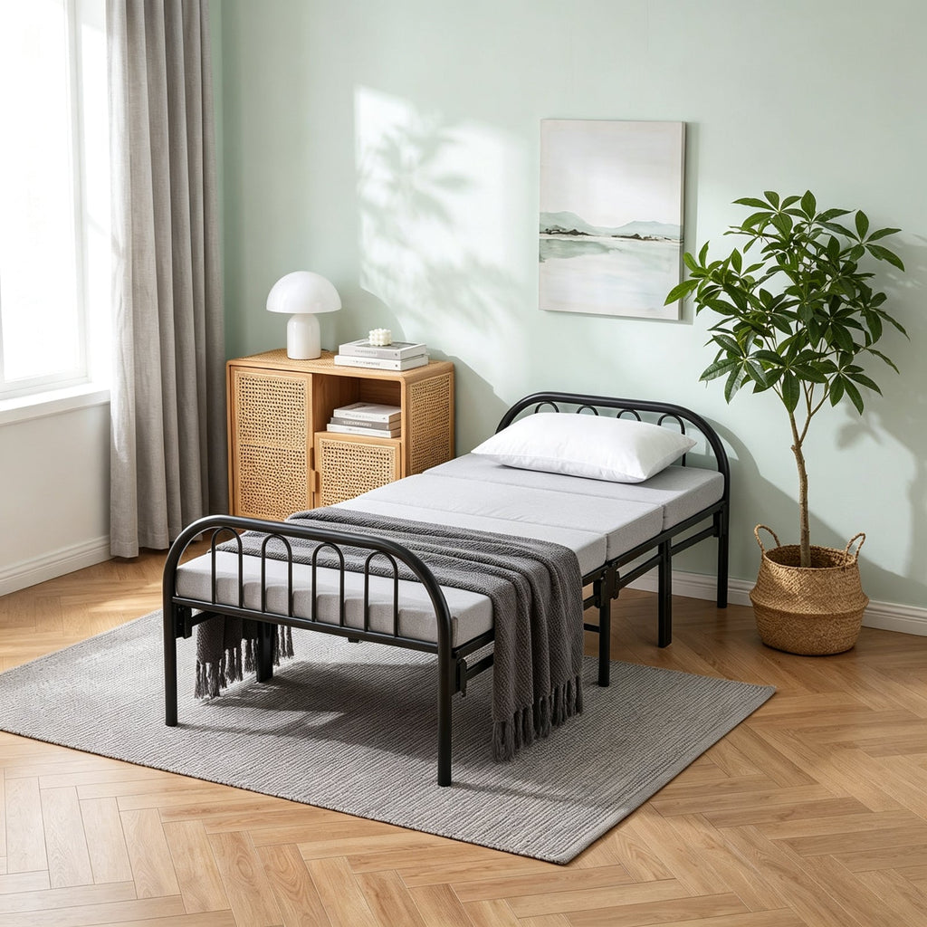Garden Sanctuary metal folding bed frame with secure buckle design, showcasing sturdy metal construction and foldable feature.