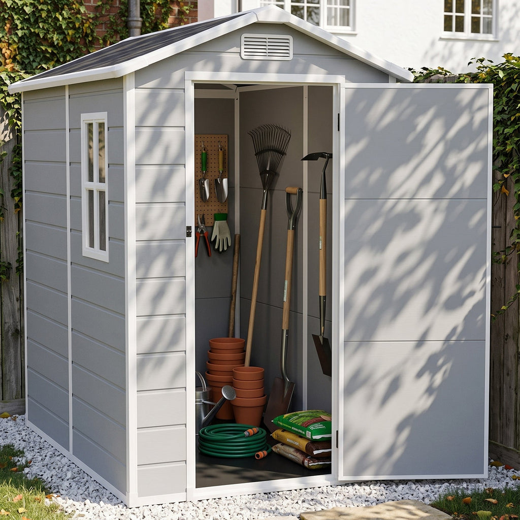 4 x 6 ft Plastic Garden Storage Shed with Apex Roof & Lockable Door