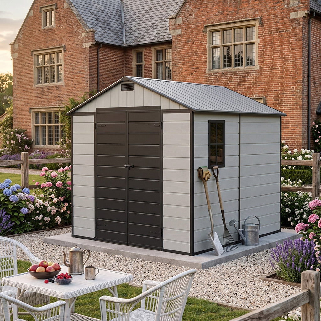 8 x 8 ft Plastic Garden Storage Shed with Apex Roof & Lockable Double Doors