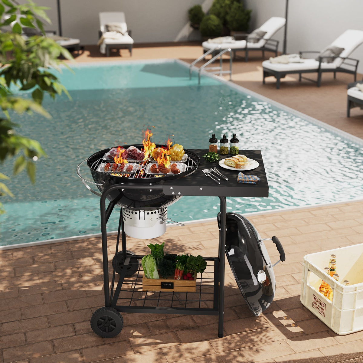 Outdoor Round Charcoal Grill with Side Table