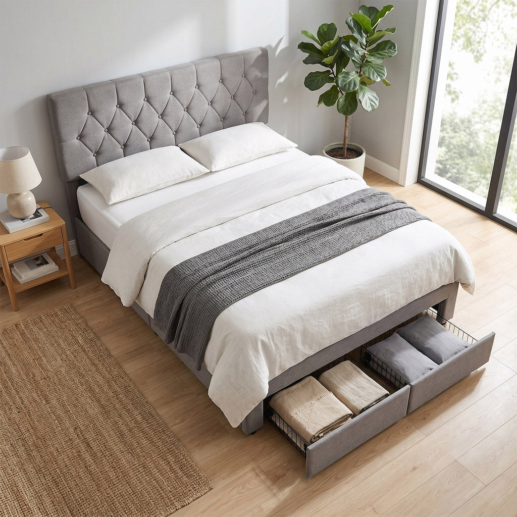 Garden Sanctuary double upholstered bed frame with built-in drawers, showcasing a plush headboard and sleek storage drawers.