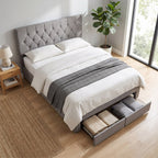 Garden Sanctuary double upholstered bed frame with built-in drawers, showcasing a plush headboard and sleek storage drawers.
