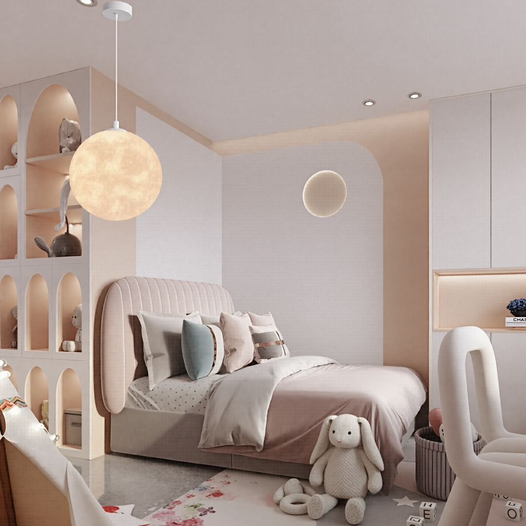 DEMOLIGHTS 3D printed moon pendant light hanging in bedroom, eco-friendly lunar globe chandelier with detailed moon design.