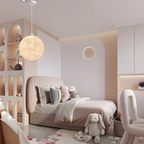DEMOLIGHTS 3D printed moon pendant light hanging in bedroom, eco-friendly lunar globe chandelier with detailed moon design.