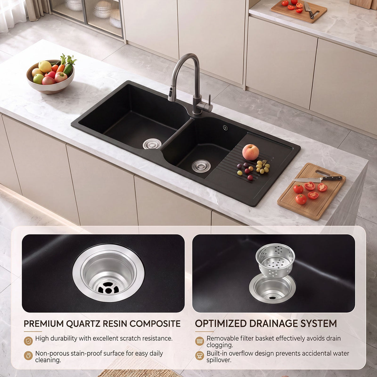 Double Bowl Quartz Resin Composite Kitchen Sink with Waste Kit
