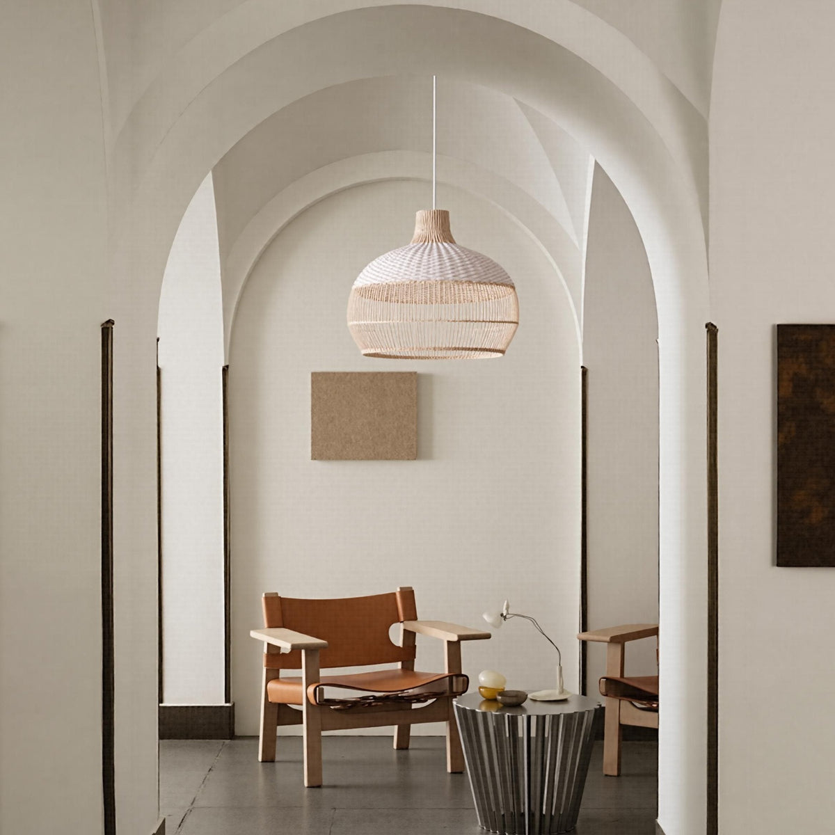 Handwoven rattan pendant light by DEMOLIGHTS, boho-style ceiling lamp ideal for kitchen island lighting, featuring intricate woven design.