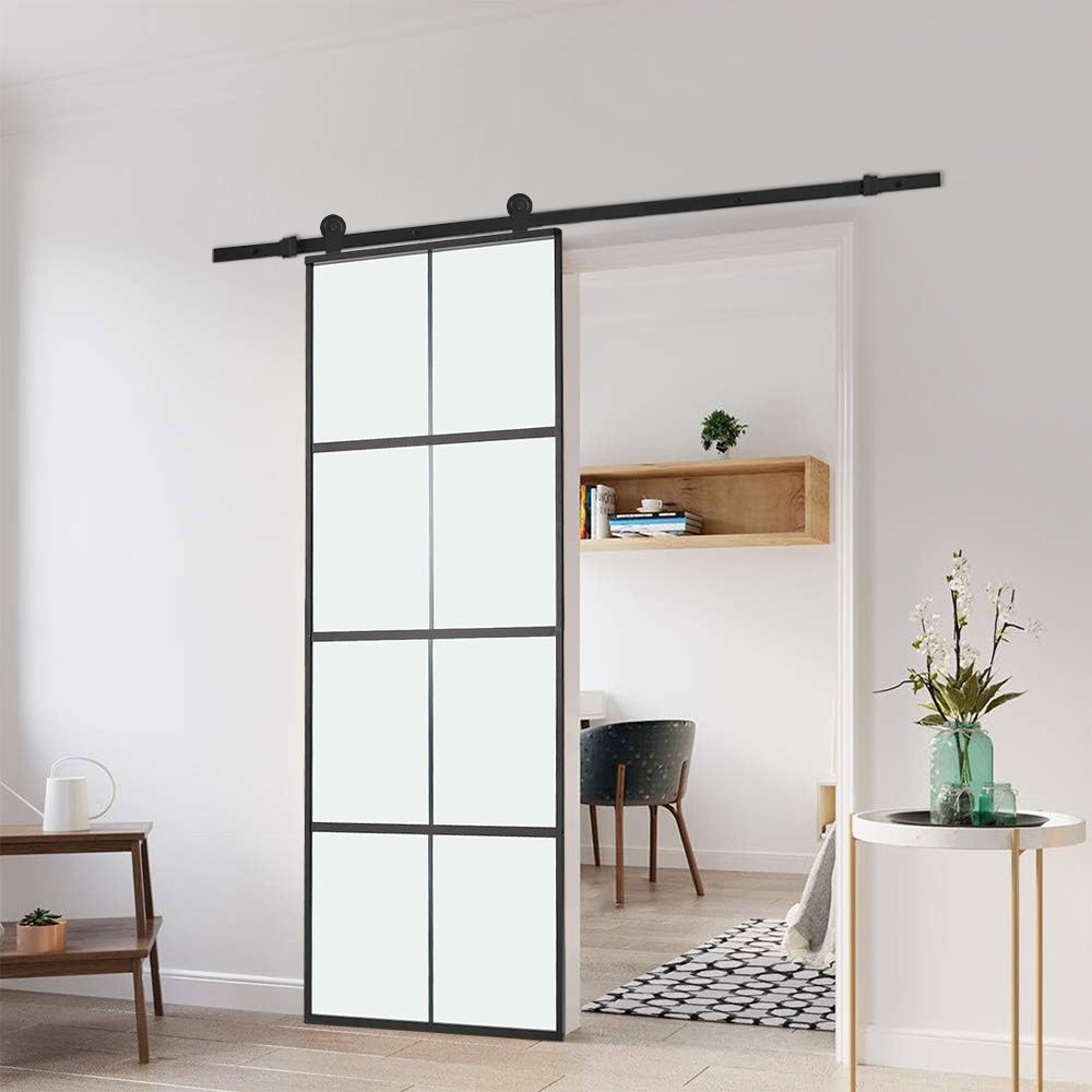 Frosted Glass Black Barn Door with Sliding Hardware Kit