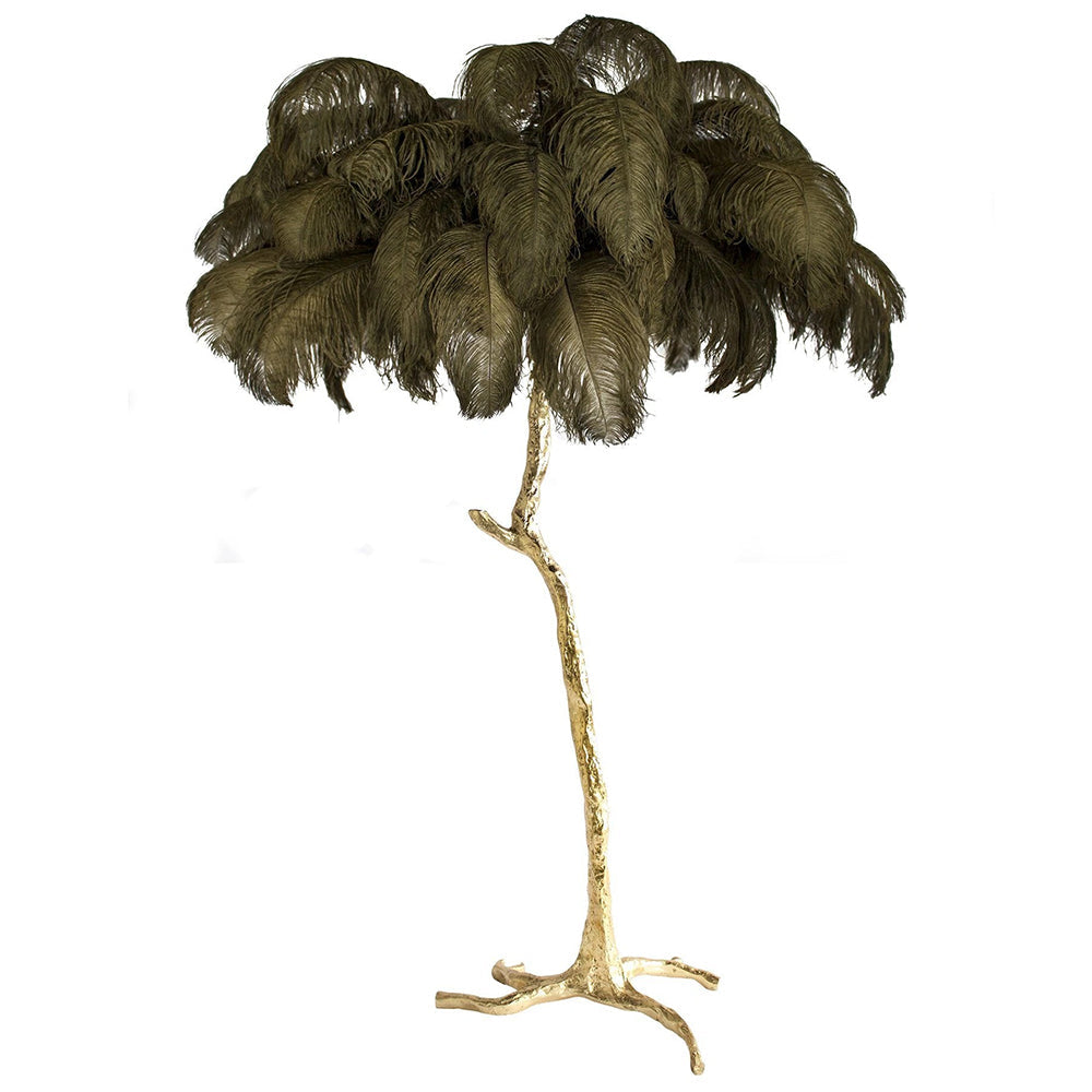 Luxury DEMOLIGHTS ostrich feather brass floor lamp with a stylish feathered shade and sleek brass stand.