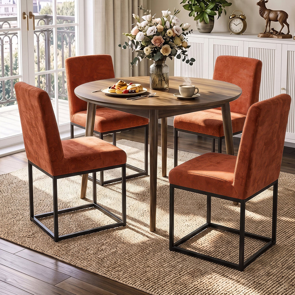 Set of 2 Garden Sanctuary chenille upholstered dining chairs with black metal legs, featuring plush fabric and modern design.