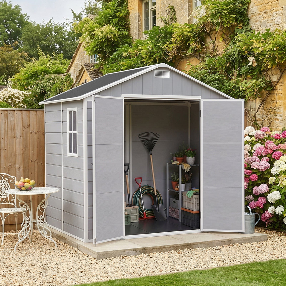 8 x 6 ft Plastic Garden Storage Shed with Apex Roof & Double Doors